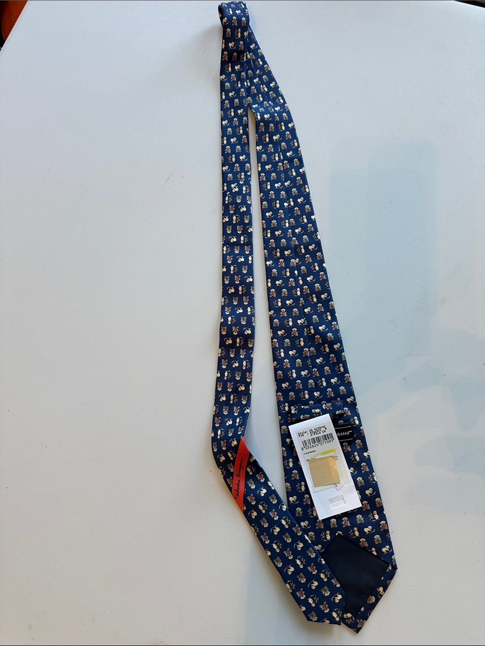 Salvatore Ferragamo Navy Silk Tie with Gold and White Micro Motifs